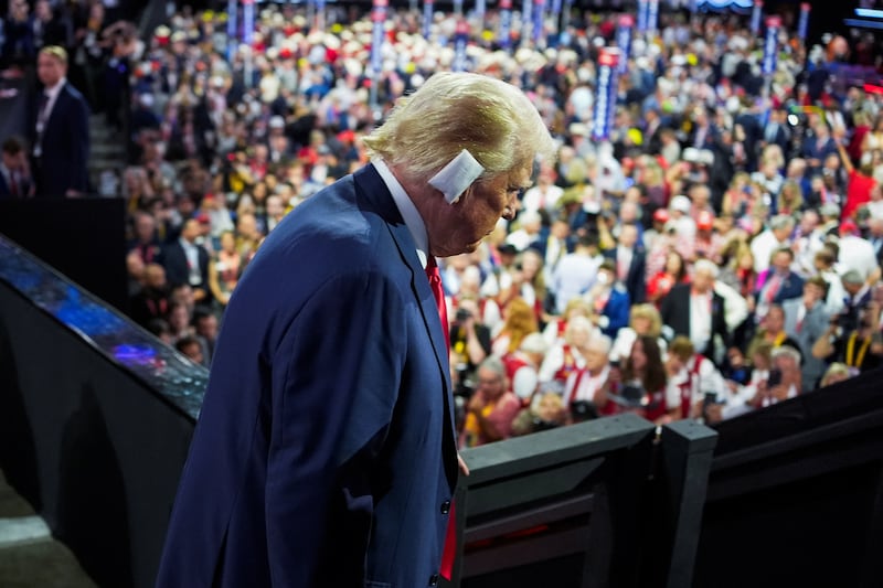 Republican presidential nominee and former U.S. President Donald Trump walks during Day 1 of the Republican National Convention (RNC) at the Fiserv Forum in Milwaukee, Wisconsin, U.S., July 15, 2024.