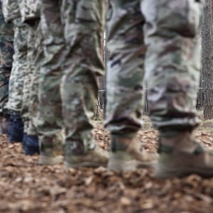 Dozens of soldiers stand at attention during a training exercise.