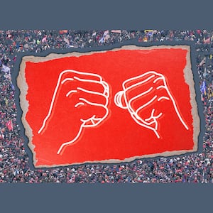 A photo illustration of punching fists and a crowd from Jan. 6 Capitol riot.