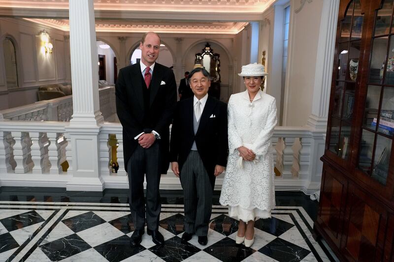 Prince William, Prince of Wales  greets Emperor Naruhito and his wife Empress Masako of Japan at their hotel, on behalf of the King, before the ceremonial welcome at Horse Guards Parade