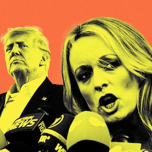 An illustration including photos of former U.S. President Donald Trump and Stormy Daniels