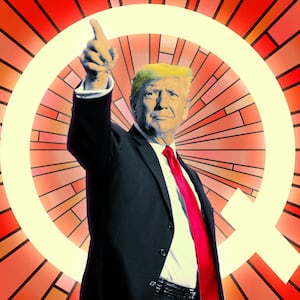 A photo illustration of former President Donald Trump and stained glass Qanon symbol.