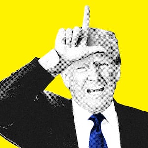 A photo illustration of Donald Trump making the L loser sign on his forehead