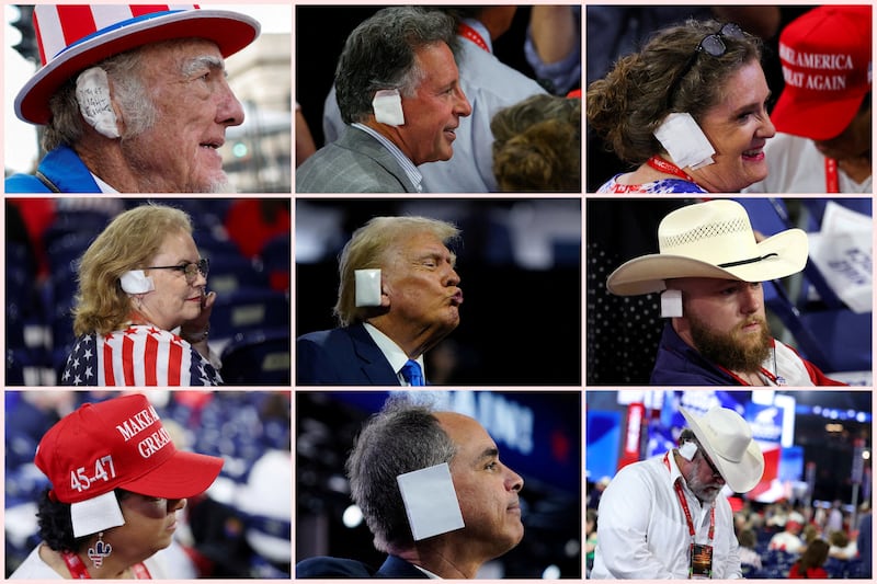 Donald Trump with a bandaged ear after he was injured in an assassination attempt, and supporters and attendees wearing bandages over their ears in tribute to Trump during the Republican National Convention (RNC) in Milwaukee. 