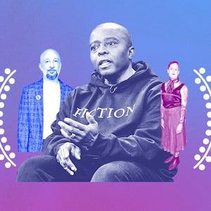 A photo illustration of Yance Ford, Jules Rosskam, and Jude Harris between Sundance laurel wreaths