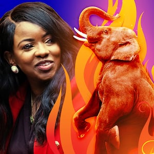 A photo illustration of Rep. Jasmine Crockett and an elephant on fire.