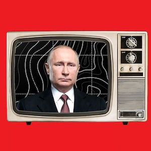 A photo illustration shows Vladamir Putin on TV on a red background