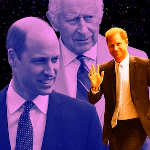 A photo illustration of King Charles, Prince William, and Prince Harry.