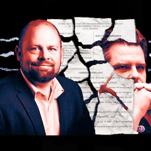 A photo illustration of of lobbyist Chris Dorworth, Representative Matt Gaetz and a torn lawsuit court document.