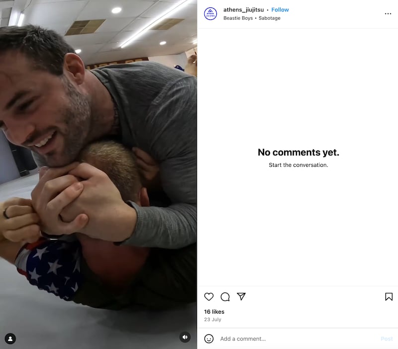 Screenshot of an Instagram video showing Ian Elliott at Athens Jiu-Jitsu, posted July 23.