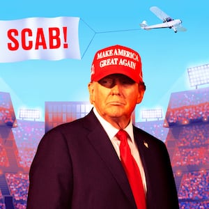 Photo illustration of Donald Trump and a banner that says Scab at a sports game.