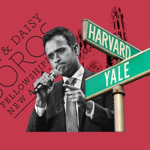 A photo illustration of a Vivek Ramaswamy and a street sign with Harvard and Yale.