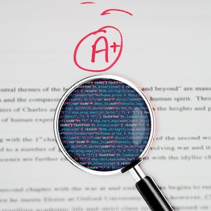 A photo illustration of a homework essay and a magnifying glass with computer code.