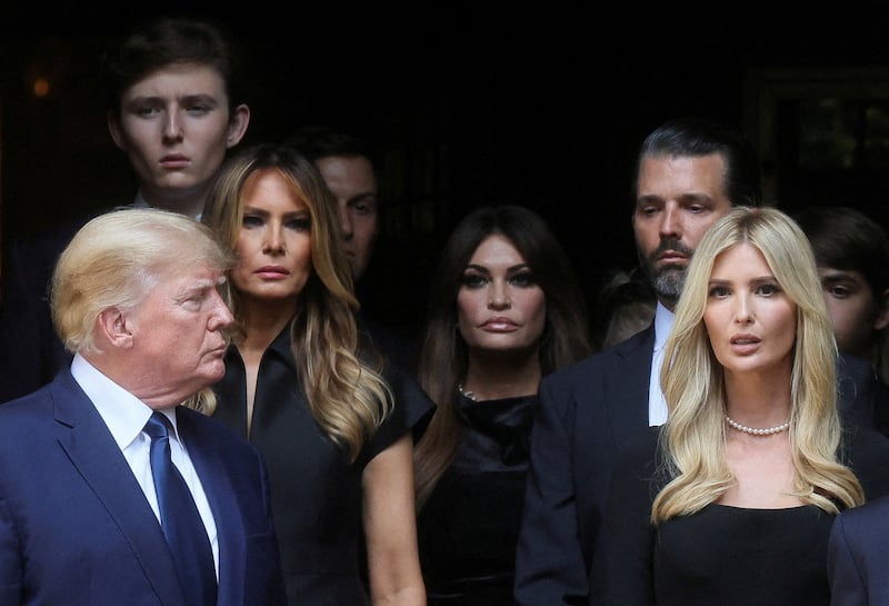 Former U.S. President Donald Trump, his wife Melania, Kimberly Guilfoyle, his sons Barron and Donald Jr. and his daughter Ivanka leave St. Vincent Ferrer Church during the funeral of Ivana Trump, in New York City, U.S., July 20, 2022.