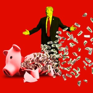 A photo illustration of former President Donald Trump and a broken piggy bank with money flying out.