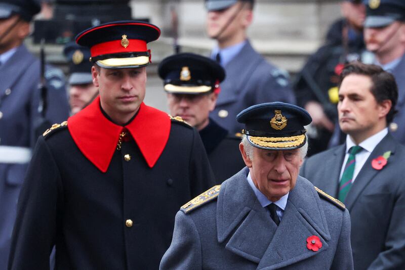 Britain's King Charles and Prince William attend the annual Remembrance Sunday ceremony at the Cenotaph, in Whitehall, London Britain November 12, 2023.