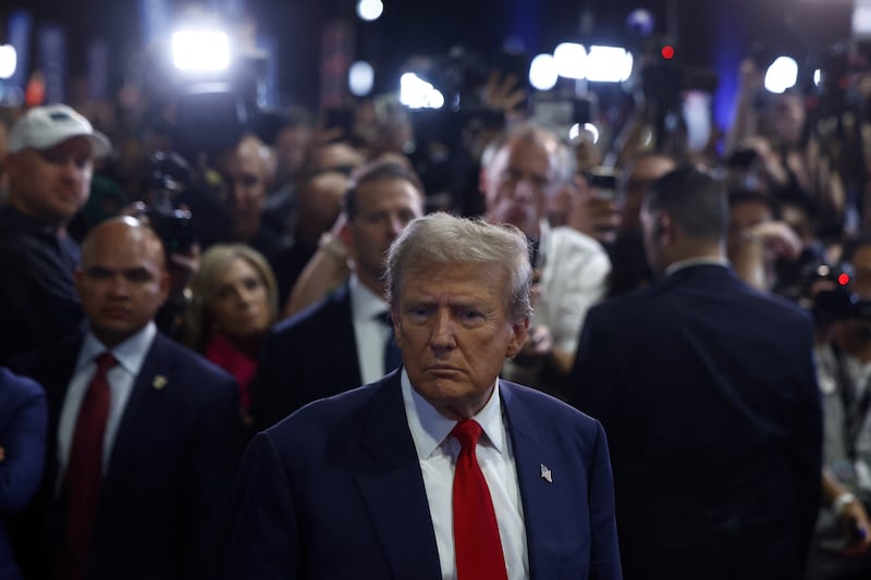 Republican presidential nominee and former U.S. President Donald Trump reacts in the spin room on the day of his debate with Democratic presidential nominee and U.S. Vice President Kamala Harris, in Philadelphia, Pennsylvania, U.S., September 10, 2024.