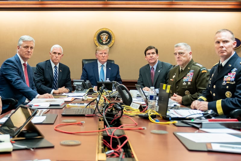 Donald Trump in the situation room alongside former Vice President Mike Pence, former National Security Advisor Robert O'Brien, former Defense Secretary Mark Esper, retired Gen. Mark Milley, and Brig. Gen. Marcus Evans