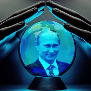 An illustration including a photo of Putin inside of a crystal ball