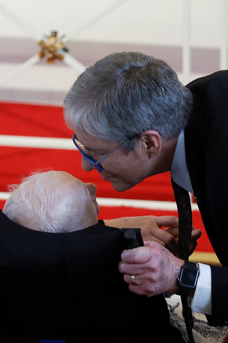 Former President Jimmy Carter and his son James “Chip” Carter attend a tribute service for Rosalynn Carter.