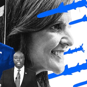 A photo illustration of Nikki Haley, Vivek Ramaswamy and Tim Scott with the Iranian flag and missiles around them