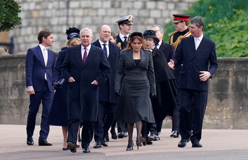 Edoardo Mapelli Mozzi, Prince Andrew the Duke of York, Mike Tindall, Sarah, Duchess of York, the Princess Royal and Vice Admiral Sir Timothy Laurence, attend a thanksgiving service for the life of King Constantine at St George's Chapel, in Windsor Castle.