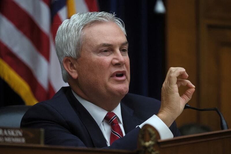 Rep. James Comer (R-KY) makes a statement during the House Oversight and Accountability Committee hearing about alleged meddling in the Justice Department's investigation of Hunter Biden