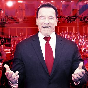 A photo illustration of Arnold Schwarzenegger and the House of Representatives.