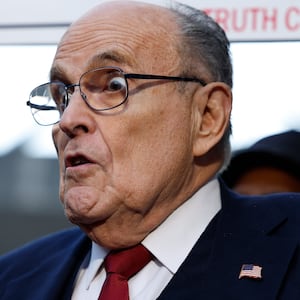 Rudy Giuliani, the former personal lawyer for former U.S. President Donald Trump, speaks after a verdict was reached in his defamation jury trial on December 15, 2023