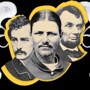 A photo illustration showing Boston Corbett, John Wilkes Booth and Abraham Lincoln