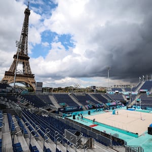 The Eiffel Tower Stadium, the venue of beach volleyball events, ahead of the Paris 2024 Olympic Games.