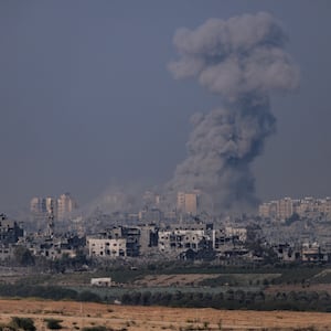 Smoke rises from an explosion in Gaza on October 28, 2023 seen from Sderot, Israel.