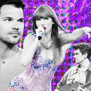 An illustration of Taylor Lautner, Taylor Swift singing, and John Mayer.