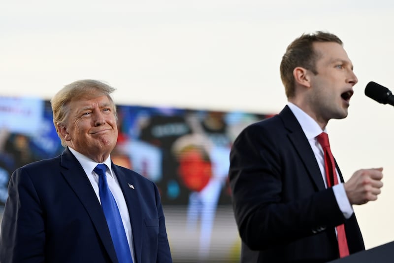 Max Miller speaks during an event hosted by Trump, at the county fairgrounds in Delaware, Ohio.