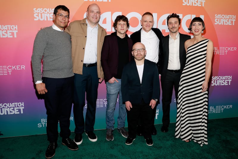 Toto Miranda, Nathan Zellner, Jesse Eisenberg, Christophe Zajac-Denek, David Zellner, Josh Lambert and Yvonne Lambert attend "Sasquatch Sunset" New York premiere at Metrograph on April 01, 2024 in New York City.