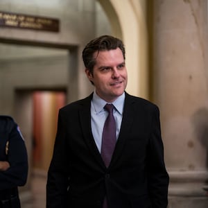 Rep. Matt Gaetz (R-FL) leaves the Speakers office where the House Freedom Caucus is meeting with Speaker of the House Mike Johnson (R-LA).