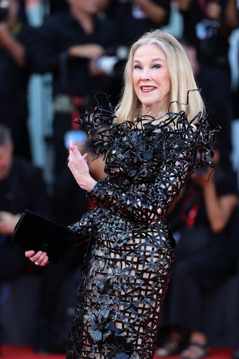 Catherine O'Hara reacts on the red carpet during the Venice Film Festival on August 28, 2024.