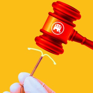 A photo illustration of a red GOP gavel and an IUD. 