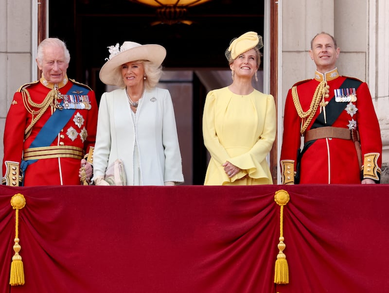 King Charles, Queen Camilla, Sophie, Duchess of Edinburgh, Prince Edward, Duke of Edinburgh, appear on the balcony of Buckingham Palace, June 15, 2024.