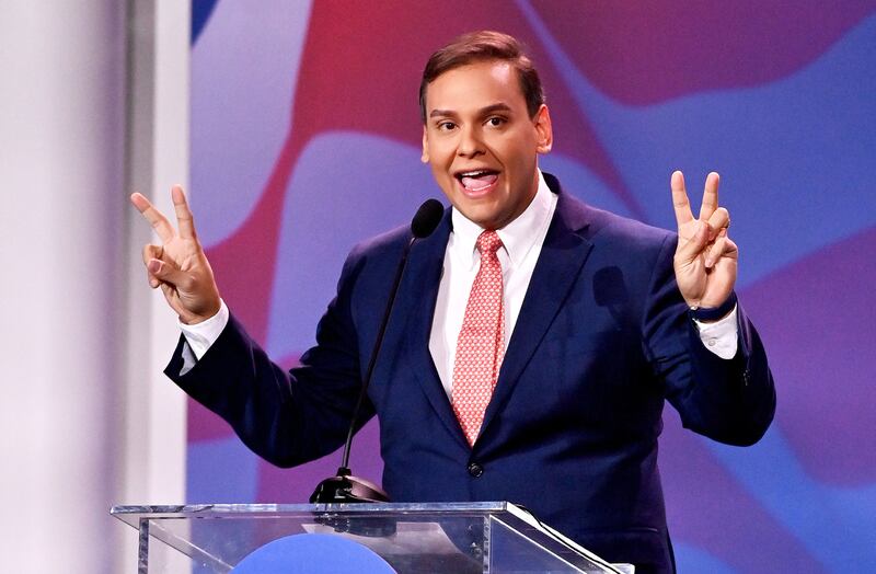 A photograph of New York Congressman-Elect George Santos speaking during the Republican Jewish Coalition Annual Leadership Meeting at the Venetian Las Vegas in Las Vegas, Nevada on November 19, 2022.