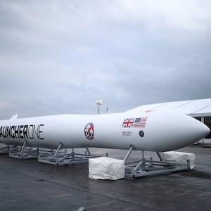 A replica model of Virgin Orbit's LauncherOne rocket sits in a media area at Newquay Airport in Newquay, Britain, Jan. 8, 2023.