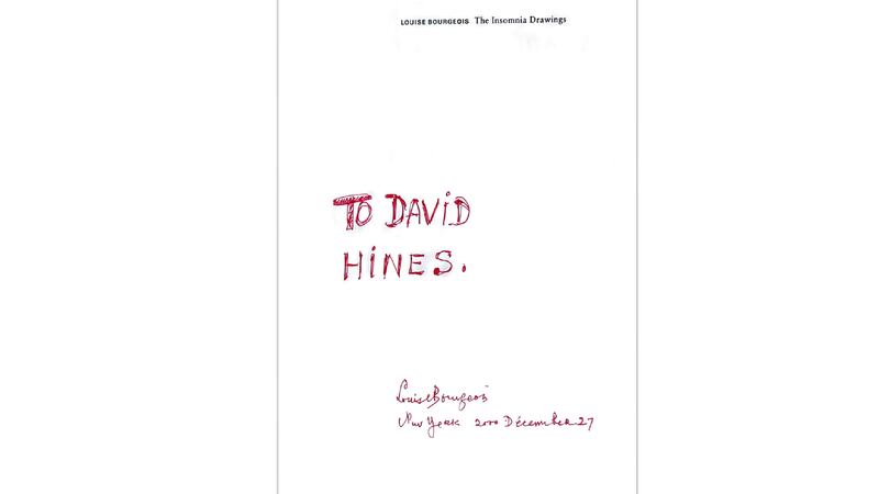 An image of a Louise Bourgeois book with an inscription for David Hines