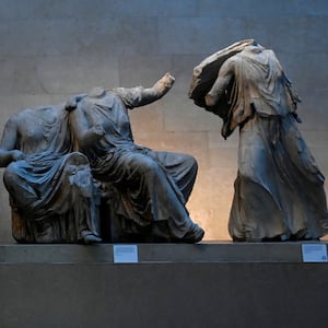 Sections of a Greek temple that form part of the Parthenon sculptures, sometimes referred to in the UK as the Elgin Marbles, on display at the British Museum in London, Britain, January 25, 2023. 