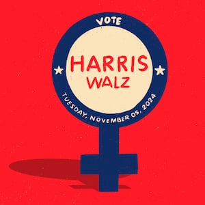 Illustration of a woman symbol with the circle at top a voting pin for Kamala Harris and Tim Walz