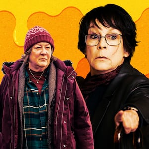 A photo illustration of Margo Martindale and Jamie Lee Curtis in The Sticky.