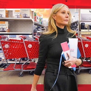 A photo illustration of Gwyneth Paltrow inside of a Target carrying her goop products