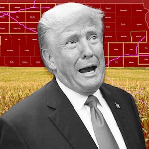 A photo illustration of Trump over a proposed map of CO2 pipelines running through Iowa state.