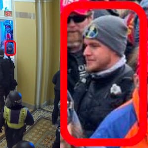 A photo collage of David Daniel seen on January 6th at the U.S. Capitol, wearing a grey “Vault Boy” beanie.