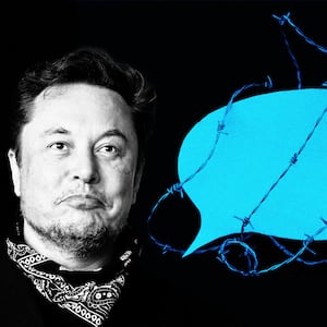 An illustration including a photo of Elon Musk and a Chat Bubble layered in barbed wire