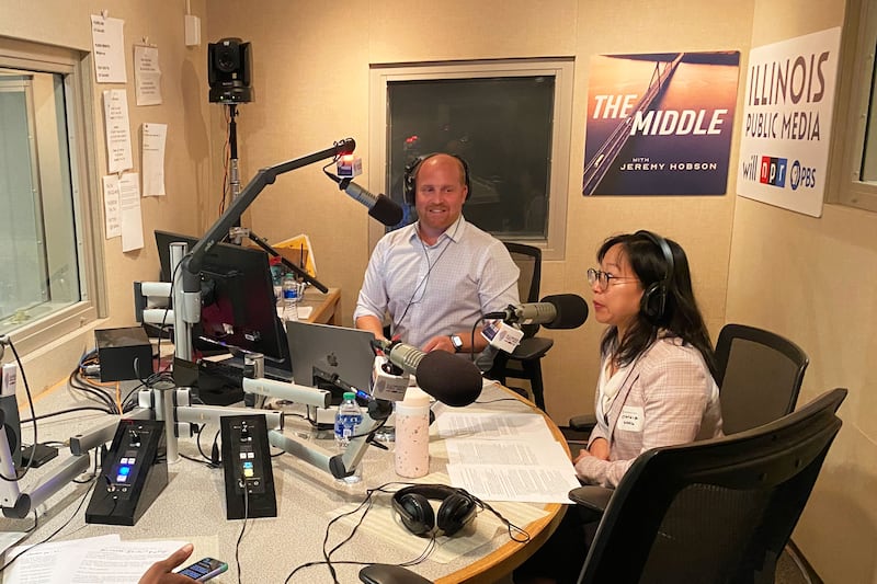 A photo showing Jeremy Hobson with Cynthia Wang during The Middle’s first episode on Sept 28th 2023 at Illinois Public Media in Urbana, Illinois.